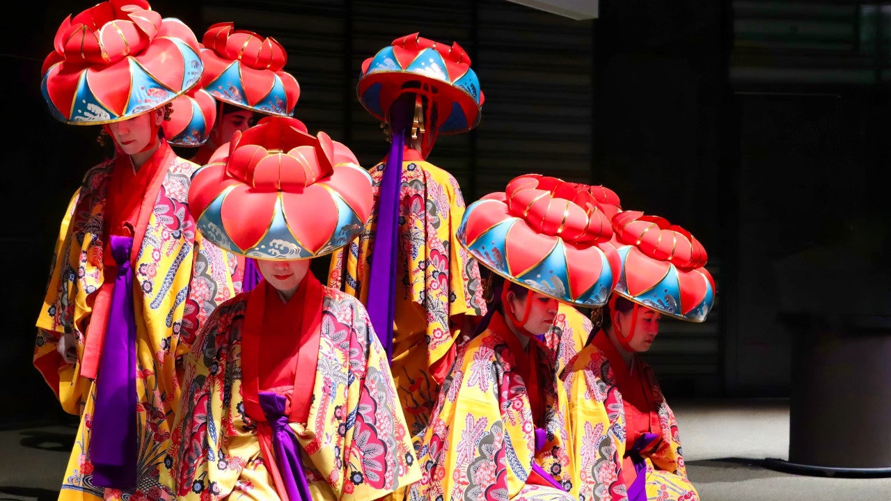 Ryukyu dancers in colorful bingata print