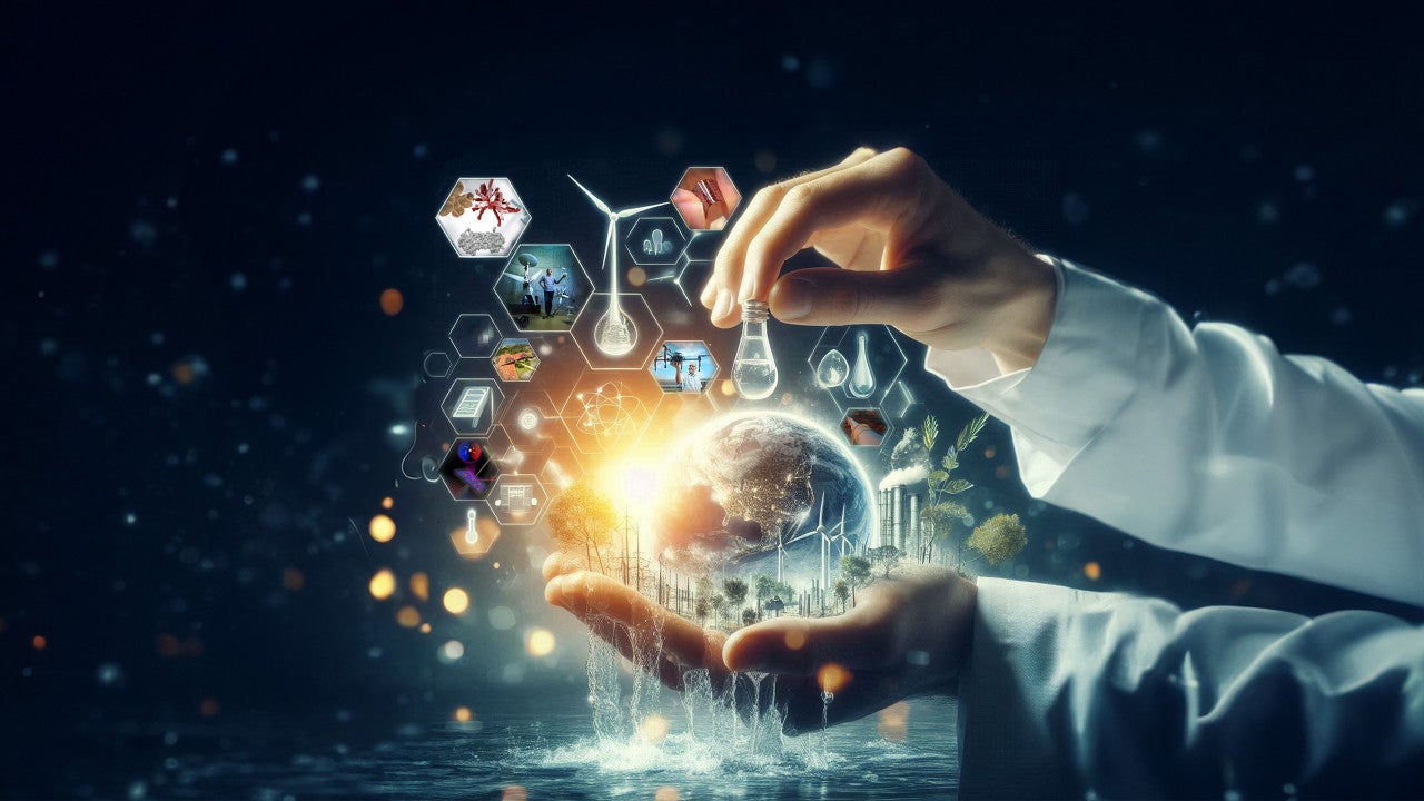 A hand holding the globe with images of OIST energy research all around it