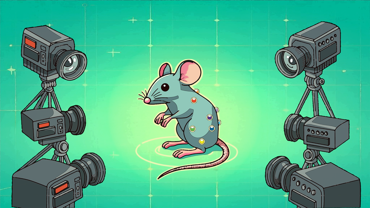 A mouse on a green screen with balls attached stands in front of cameras, ready to capture its 3D motion.