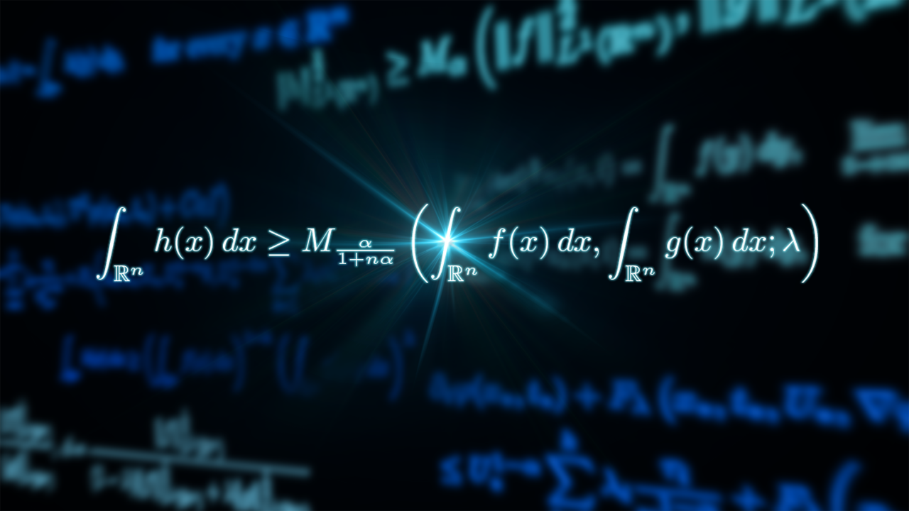 暗い背景に白い文字で数式が重なっている様子。