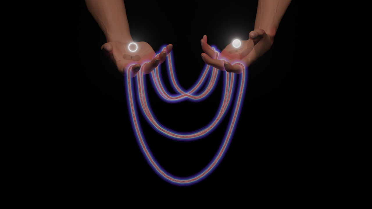 A 3D rendering of a pair of hands holding glowing bands of energy like a cat’s cradle. One of the bands fold inwards, reminiscent of the Mexican-hat-like momentum dispersion indicative of Floquet effects. The glowing orbs above the hands, one dark and the other light, represent the electron and hole that together form an exciton. 