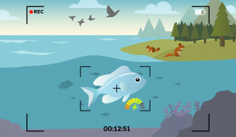 Graphical illustration of a natural scene viewed through a video camera viewfinder, with the focus indicator on a fish. Next to the fish is an energy meter. Other, small animals are visible in the background: squirrels in a woodland and birds in the sky.