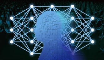 Abstract illustration of human-centered machine learning. A blocky representation of a human head in the foreground, followed by an illustration of a neural network, on a background of binary numbers.