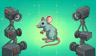 A mouse on a green screen with balls attached stands in front of cameras, ready to capture its 3D motion.