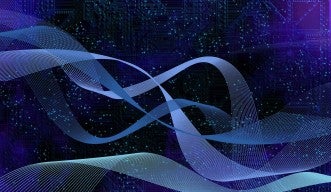 Abstract image of quantum computing, with blue ribbons crossing a circuitboard background, colored blue, purple and black