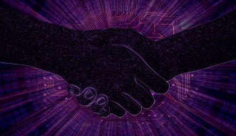 放射状に広がる紫色の光とコンピュータチップの模様を背景に、握手を交わす様子が描かれた画像。