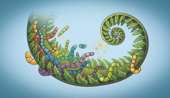 A green fern leaf is wrapped by multicolored bacteria chains on a blue background