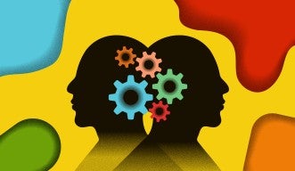 An abstract image representing shared mechanisms. Two silhouettes are featured back-to-back with joint cog wheels in bright colors across their heads, representing the shared synaptic mechanism. A brightly colored background of yellow, blue, green red and orange evokes positivity with the news that this shared mechanism may inform potential treatment options.