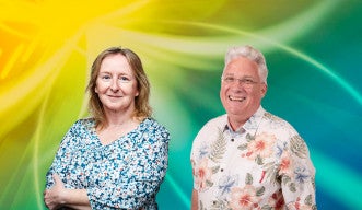 Photos of two people, both looking at the camera and smiling, wearing flowery shirts.