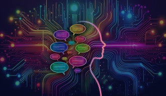 A human outline in neon pink sits on a background of wire patterns in bright neon colors. Code in speech bubbles emerges from the back of the outline