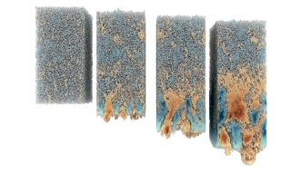 Four 3D renderings showing the gradual mixing of sediment-laden fluid with a clear one. Colors indicate direction (blue for upward, yellow for downward) and speed (color intensity) of the fluid.
