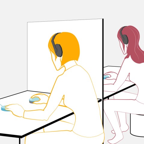 illustration of two person with head phone at a desk separated with a partition