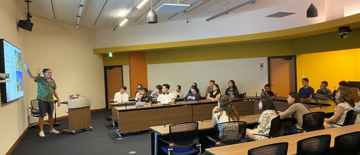 Students listening to a lecturer in a lecture room