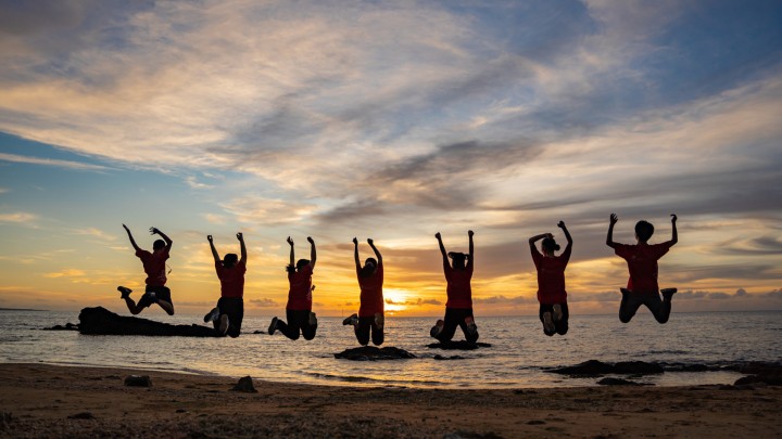 students and sunset