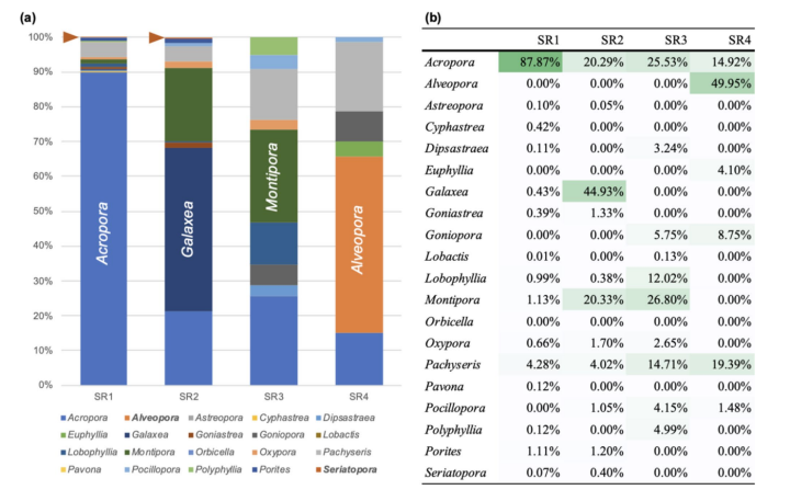 Distribution and approximate proportions of scleractinian corals