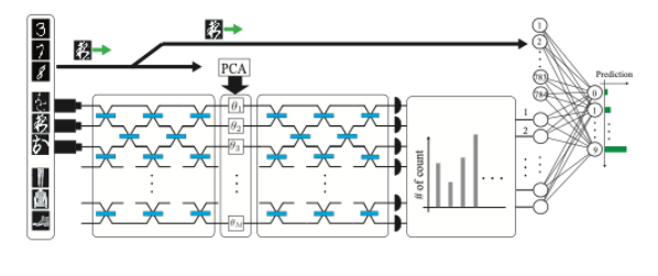 Three different sets of input data are simplified using PCA. Single photons are injected into a random optical circuit to generate a complex quantum state. The simplified data is encoded onto this state, which then passes through a second interferometer to form the quantum reservoir. Photon detection reveals a boson sampling probability distribution, which is combined with the original image data and fed into a simple, trainable linear classifier to make predictions.