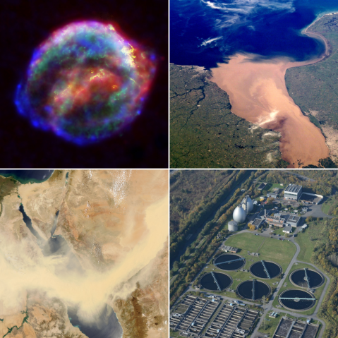 Four images showing sediment mixing in action. Top left shows a composite image of the colorful Kepler’s nebula, top right is a satellite photo of the Río de la Plata estuary, bottom left is a satellite photo of the Red Sea with a visible dust plume, bottom right is a photo of a wastewater treatment plant in a lush setting.