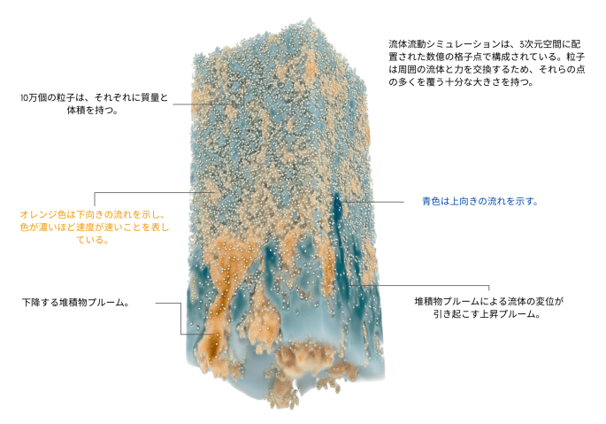 流体シミュレーションを3D（3次元）の縦長の直方体として表現したインフォグラフィック。堆積物は白いビーズで示され、直方体の上部に集中している。流体の上向きの運動は青、下向きの運動は黄色で示され、下部付近では堆積物を含む高速の下降プルームが明瞭に確認できる。