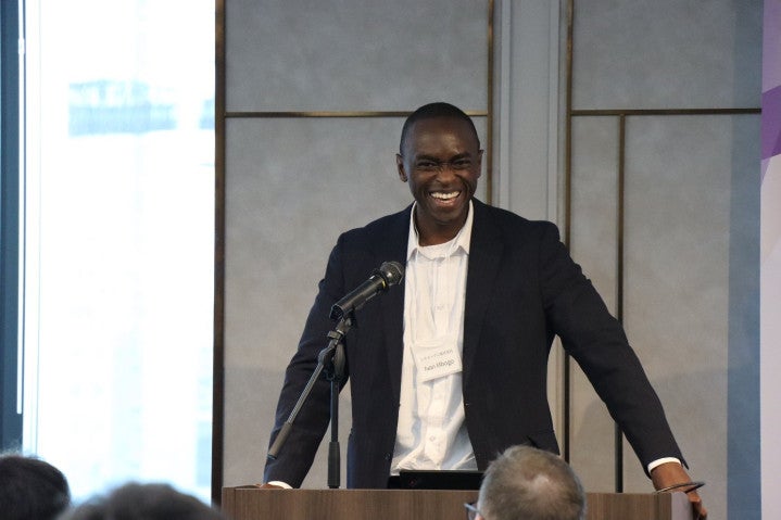 Dr. Ivan Mbogo, an OIST alumnus, discusses the skills gained through doctoral training that are highly valued by companies. (Photo credit: NAIST)