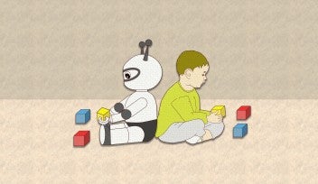 Illustration of an anthropomorphized robot stacking colored blocks back to back with a human toddler. 