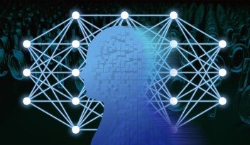 Abstract illustration of human-centered machine learning. A blocky representation of a human head in the foreground, followed by an illustration of a neural network, on a background of binary numbers.