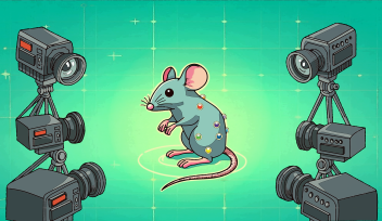A mouse on a green screen with balls attached stands in front of cameras, ready to capture its 3D motion.