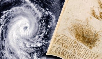 Composite image of a satellite photo of a typhoon and a page from da Vinci’s manuscripts containing an ink sketch of turbulent eddies.