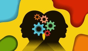 An abstract image representing shared mechanisms. Two silhouettes are featured back-to-back with joint cog wheels in bright colors across their heads, representing the shared synaptic mechanism. A brightly colored background of yellow, blue, green red and orange evokes positivity with the news that this shared mechanism may inform potential treatment options.