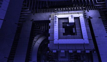 An abstract computer chip depicted in blues and whites.