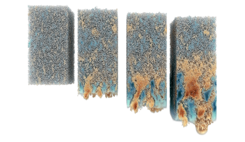 Four 3D renderings showing the gradual mixing of sediment-laden fluid with a clear one. Colors indicate direction (blue for upward, yellow for downward) and speed (color intensity) of the fluid.