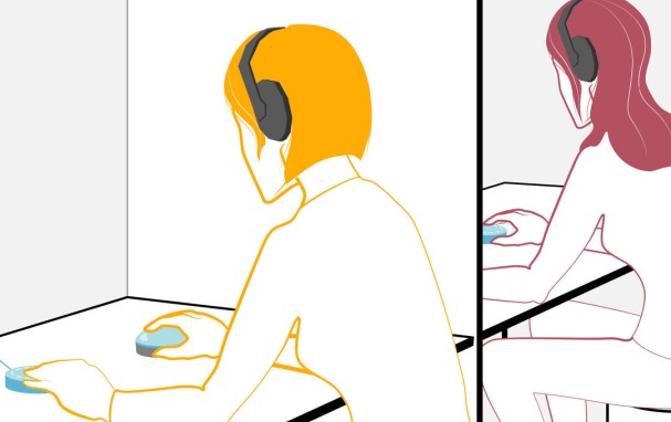 illustration of two person with head phone at a desk separated with a partition