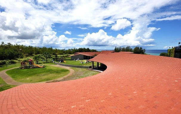 Red-roofed buildign and green field
